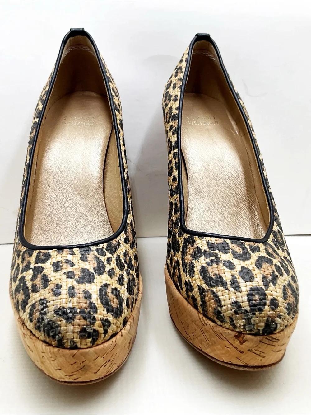 {Stuart Weitzman} Leopard-print Cork Wedge Raffia Platforms